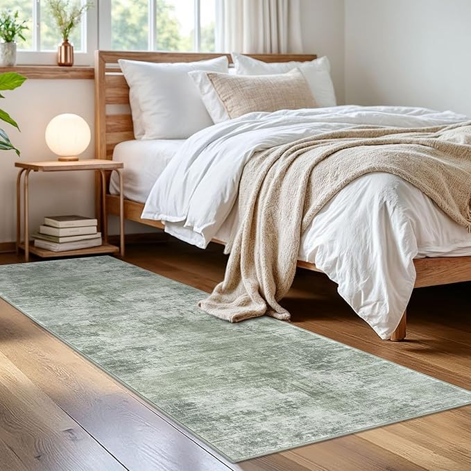 IOHOUZE Abstract Runner Rug 2x6 Ft Washable Runners for Hallways, Non Slip Kitchen Runner Printed Faux Wool Entryway Runner Indoor, Modern Abstract Floor Carpet for Hall Kitchen Bedroom, Sage Green