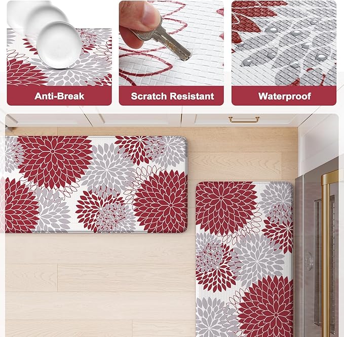 KIMODE Anti Fatigue Kitchen Mat 17.3"x29", Farmhouse Padded Kitchen Floor Mats Non Slip, Waterproof Kitchen Mat for Floor, Comfort Standing Mat for Laundry, Office, Sink, Desk Red and Grey