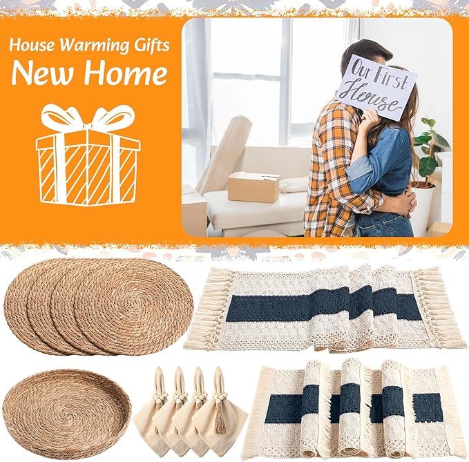 4 Sets Boho Placemats Round Woven Placemats, Cloth Napkins, Wood Bead Napkin Rings, Long Table Runner and Farmhouse Rustic Natural Burlap Cotton for Kitchen Dining Table Home (Blue)