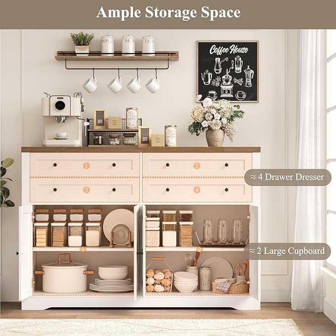HOSTACK 55" Coffee Bar with 4 Large Drawers, 40" Tall Buffet Cabinet with Storage, Kitchen Storage Cabinet, Modern Farmhouse Sideboard Buffet, Adjustable Shelves for Living Room, White