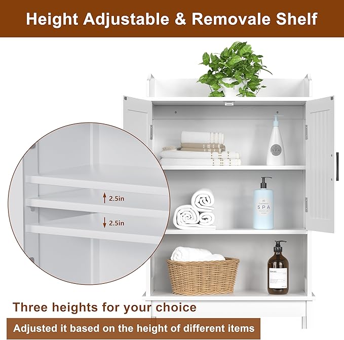 MUPATER Bathroom 67" Storage Cabinet Organizer with Shelves and Doors, Small Freestanding Toilet Shelf Space Saver with Anti-Tip Design and Adjustable Bottom Bar, White