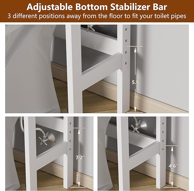 MUPATER Bathroom 67" Storage Cabinet Organizer with Shelves and Doors, Small Freestanding Toilet Shelf Space Saver with Anti-Tip Design and Adjustable Bottom Bar, White