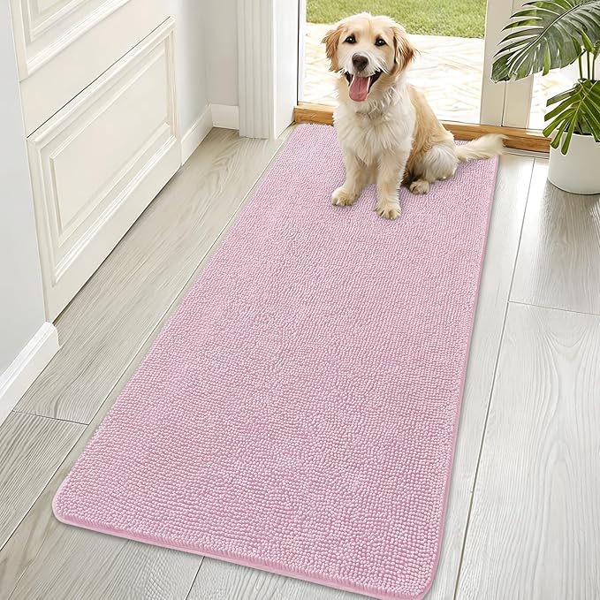 OLANLY Dog Door Mat for Muddy Paws 70x35, Absorbs Moisture and Dirt, Absorbent Non-Slip Washable Doormat, Quick Dry Chenille Mud Mat for Dogs, Entry Indoor Entryway Carpet for Inside Floor, Dusty Rose