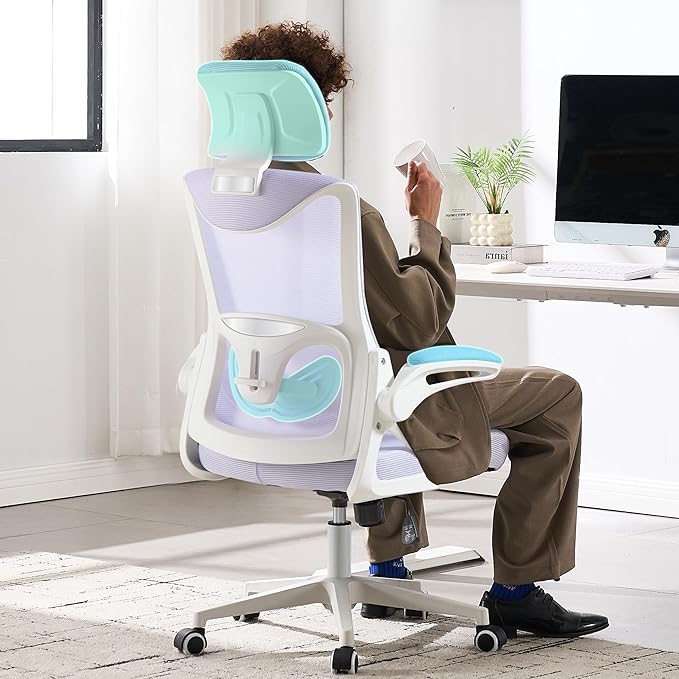 Fizzin Ergonomic Office Chair,Ergonomic Desk Chair with Headrest Purple Computer Chair with High Back Adjustable Lumbar Support, Rolling Swivel Chairs with Wheel Armrests for Home Office (Lavender)