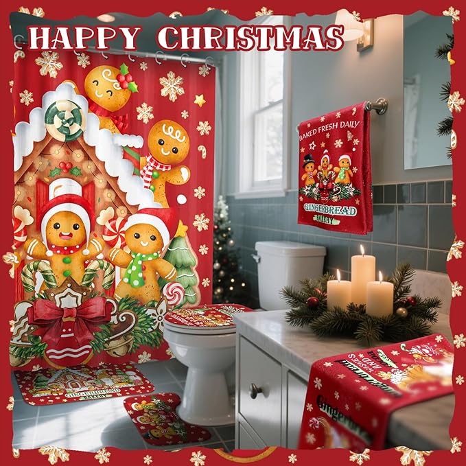 8 Pcs Christmas Shower Curtain Set Xmas Santa Bathroom Decoration Christmas Tree Hand Towels Snowman Toilet Lid Cover Bathroom Rugs Xmas Shower Curtain with Hooks(Gingerbread Man)