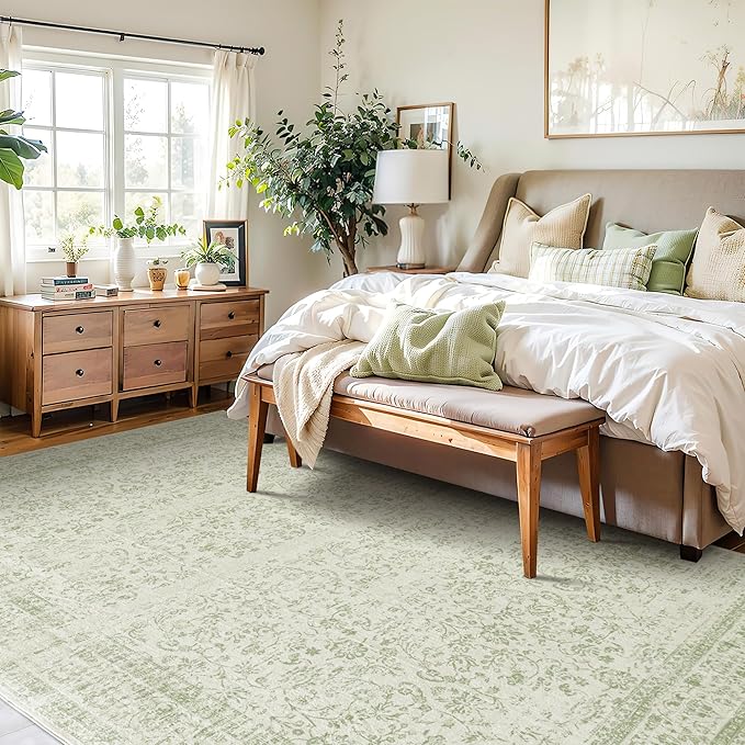 Sage Green Area Rugs Washable Rug for Living Room Bedroom, Faux Wool Soft No Slip Floral Boho Vintage Extra Large Carpet for Dining Room 9x12