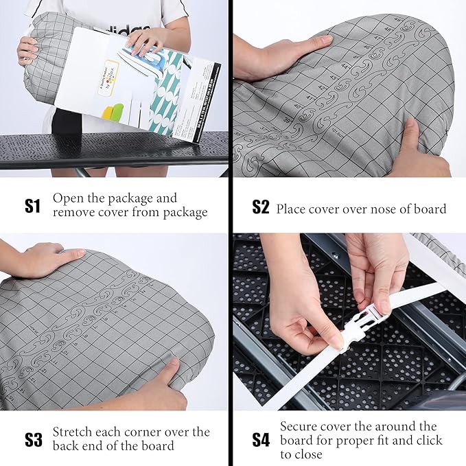Ironing Board Cover- 15" x 54" Standard Iron Cover and Pad 4 Layers Thick Padding 2'' Elastic, Stain Resistant & Durable Scorch, 2 Click Buckles and Easy Installation, French Curve