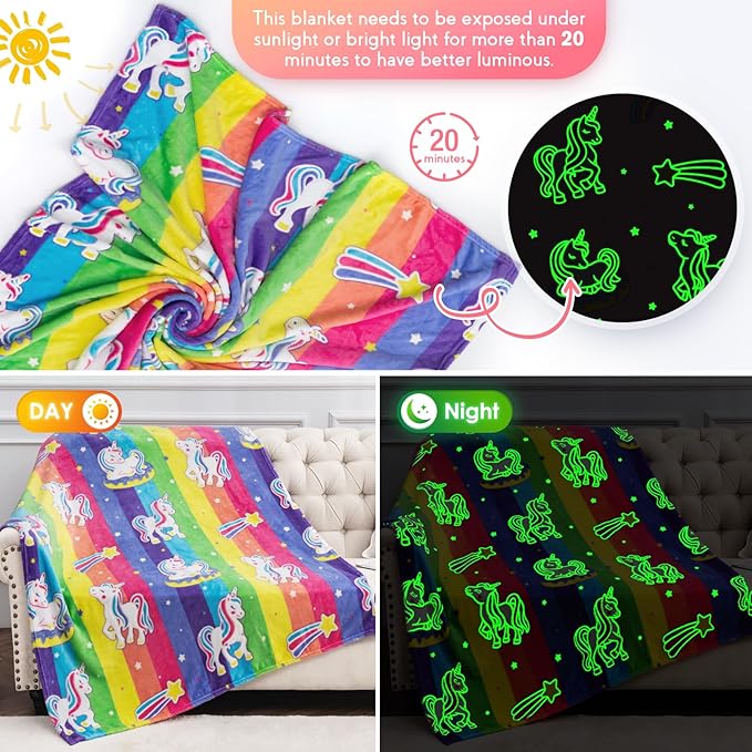 Unicorn Gifts Toys for Kids Girls - Glow in The Dark Blanket Birthday Christmas Halloween Presents Rainbow Donut Throw for Age 1 2 3 4 5 6 7 8 9 10 12 13 Years Old Teen Child Toddler Colorful 50"x60"