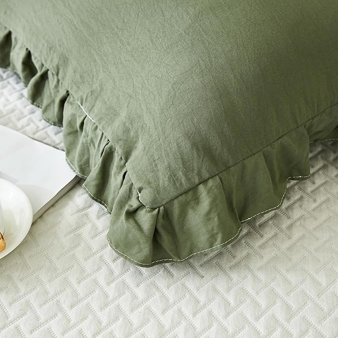 Merryword Olive Green Pillow Shams Standard Pillowcases 20x26inch Dark Green Ruffle Cute Pillow Cover Set of 2 Shabby Chic Soft Microfiber