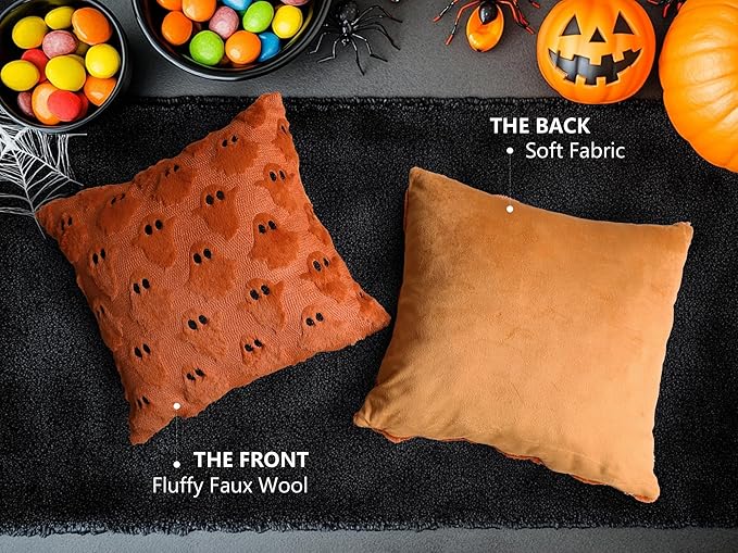 4TH Emotion Halloween Ghost Decorative Pillow Covers 16x16 Set of 2, Rust Red Soft Plush Faux Fur Farmhouse Throw Cushion Cases for Fall Autumn Holiday Home Decorations
