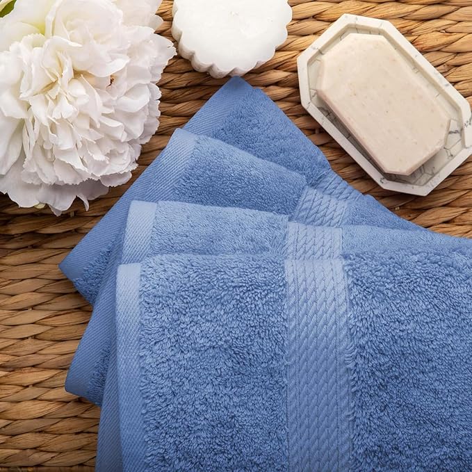 Superior Egyptian Cotton Pile Hand Towel Set of 4, Ultra Soft Luxury Towels, Thick Plush Essentials, Absorbent Heavyweight, Guest Bath, Hotel, Spa, Home Bathroom, Shower Basics, Denim Blue