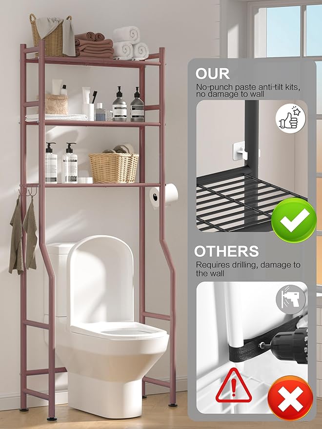 3 Tier Over The Toilet Storage Rack with 2 Basket, Metal Freestanding Bathroom Shelves Toilet with Paper Holder and 4 Hooks, Over Toilet Storage Shelf for Bathroom Storage, Bronze