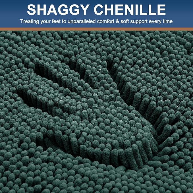 Smiry Luxury Chenille Bathroom Rugs 34x21, Extra Soft and Absorbent Shaggy Bath Mat, Machine Washable, Non-Slip Plush Carpet Runner for Tub, Shower, and Floor, Home Decor Accessories, Green