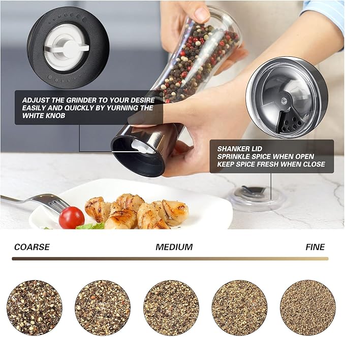 VEVOK CHEF Salt and Pepper Grinder Set Stainless Steel Black Salt and Pepper Mill with Adjustable Coarseness Salt Shaker Set Spice Grinder Black Pepper Grinder Refillable Home Kitchen