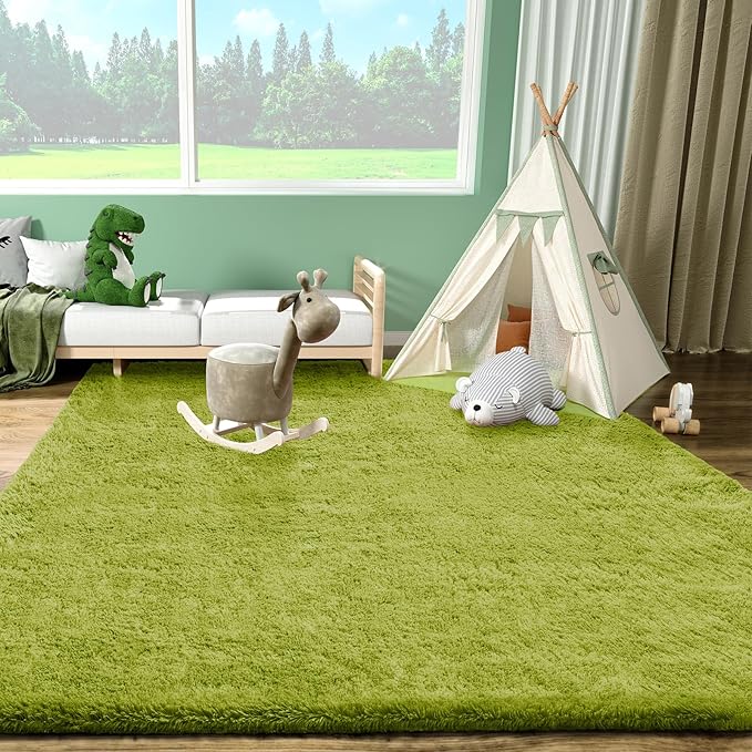 Ophanie Green Rugs for Living Room 5x8, Grass Shag Fluffy Large Fuzzy Plush Soft Carpets, Floor Shaggy Area Rugs for Bedroom, Carpet for Kids Boys Girls Dorm Nursery Home Decor Aesthetic