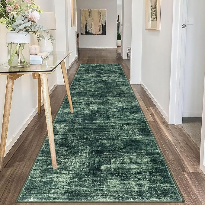 IOHOUZE Abstract Runner Rug 3x10 Ft Washable Runners for Hallways, Non Slip Kitchen Runner Printed Faux Wool Entryway Runner Indoor, Modern Abstract Floor Carpet for Hall Bedroom, Dark Green