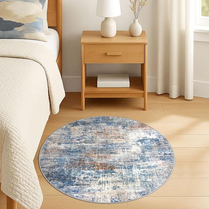 IOHOUZE Round Area Rug 3 Ft Circle Entryway Rugs Round Washable Door Mat Indoor Entrance, Non Slip Circle Front Door Rug, Printed Abstract Faux Wool Floor Carpet for Foyer Porch Sink, Blue Rust