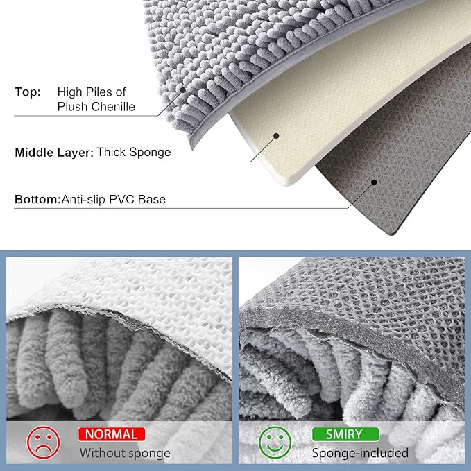Smiry Luxury Chenille Bathroom Rugs 34x21, Extra Soft and Absorbent Shaggy Bath Mat, Machine Washable, Non-Slip Plush Carpet Runner for Tub, Shower, and Floor, Home Decor Accessories, Light Grey