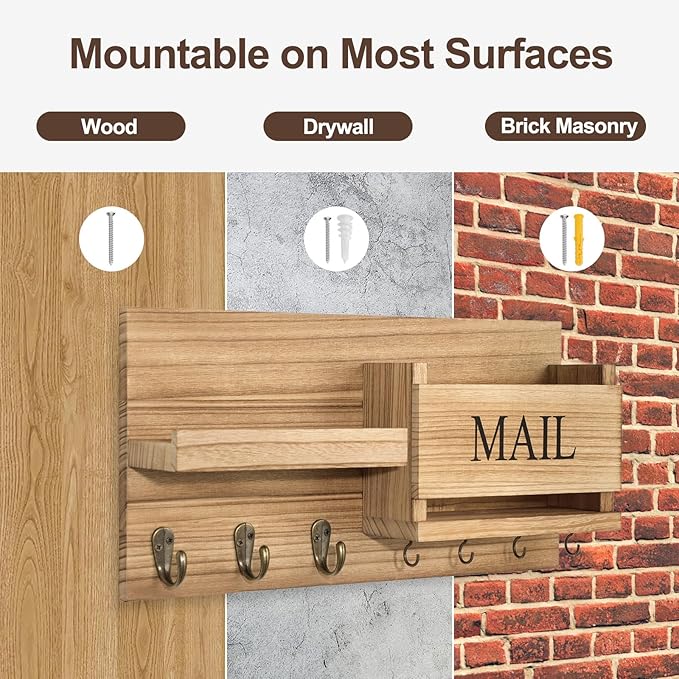 Mail Organizer for Wall Mount – Key Holder with Shelf Includes Letter Holder and Hooks for Hallway Farmhouse Decor – Rustic Wood with Flush Mounting Hardware (16.5” x 9.1” x 3.4”) (Wood)