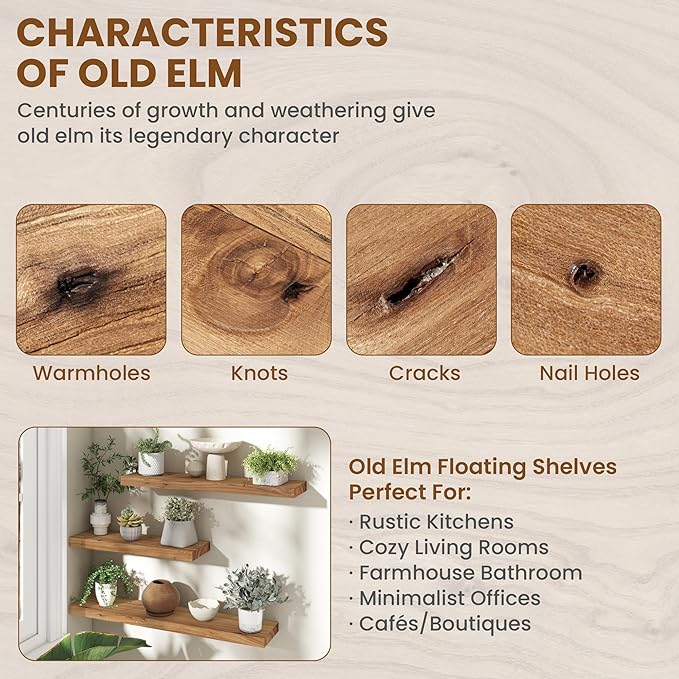 40 Inch Floating Shelves for Wall, Rustic Elm Wood Shelf for Home Decor, Heavy-Duty Wooden Floating Shelves for Kitchen, Wall Mounted Storage Shelves for Bathtoom, Living Room, Natural Color, Set of 1
