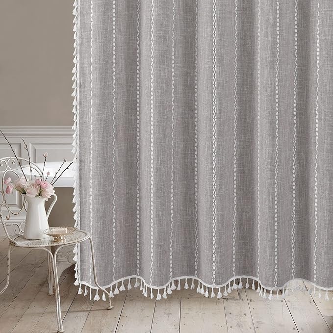 MitoVilla Grey Farmhouse Fabric Shower Curtain Set, Boho Modern Polyester Linen Shower Curtains for Vintage Rustic Bathroom Decor, Country Tassel Thick Cloth Shower Curtain, 72 x 72