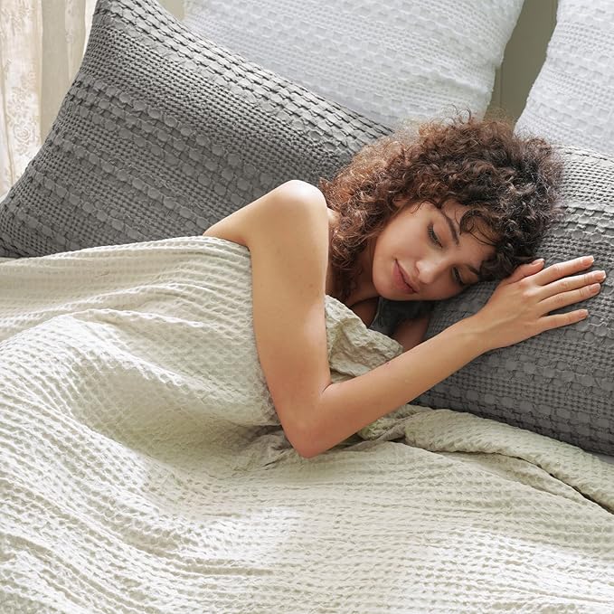 PHF 100% Cotton Waffle Pillow Shams Queen Size, 2 Pack 20" x 30" Soft Skin-Friendly Pillowcases, No Filling, Aesthetic Woven and Breathable Waffle Weave Pillow Case Covers for Bed, Dark Grey