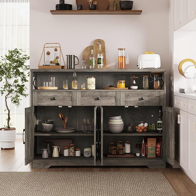51" Farmhouse Buffet Sideboard with Storage, Kitchen Pantry Cabinet with Storage Drawers, Wood Cupboard Hutch, Coffee Bar Station Table for Kitchen, Living Room, Dining Room, Grey