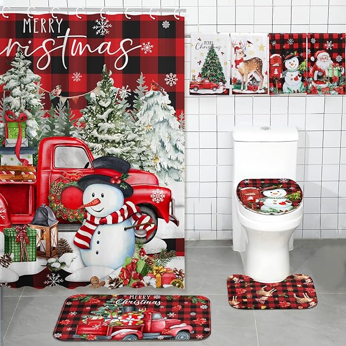 8 Pcs Christmas Shower Curtain Set Xmas Santa Bathroom Decoration Christmas Tree Hand Towels Snowman Toilet Lid Cover Bathroom Rugs Xmas Shower Curtain with Hooks(Buffalo Plaid)