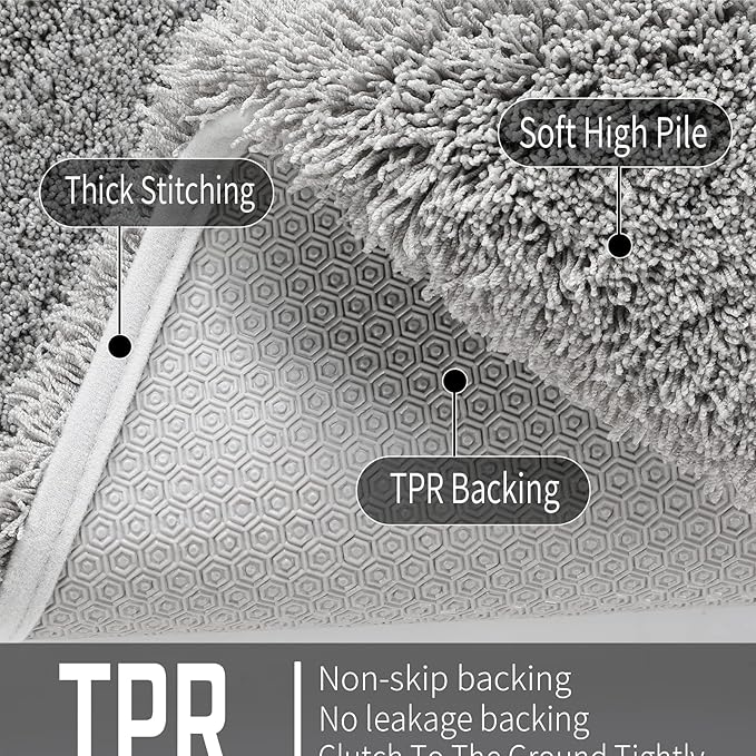 Yimobra U Shaped Toilet Bath Rug, Fluffy Plush, Super Shaggy Soft Non Slip, Water Absorbent Microfiber Bath Mat, Dries Quickly, Machine Washable Thick Bathroom Rugs, 20"x 24", Pure Gray