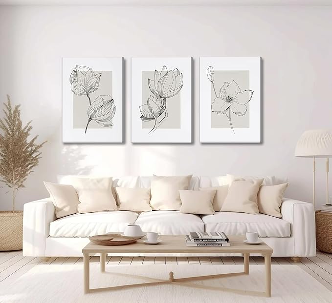 3Pcs Neutral Botanical Canvas Wall Art Beige Simple floral Painting Pictures Wall Decor Vintage Line flower Poster Print Artwork for Living Room Bedroom Bathroom Scene Home Decoration