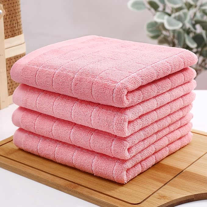 Homaxy 100% Cotton Terry Kitchen Towels(Pink, 13 x 28 inches), Checkered Designed, Soft and Super Absorbent Dish Towels, 8 Pack