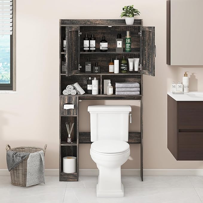 Over The Toilet Storage Cabinet, Farmhouse Storage Cabinet Over Toilet with 2 Barn Doors & Toilet Paper Holder Stand,Home Space-Saving Toilet Rack, for Bathroom, Restroom, Laundry