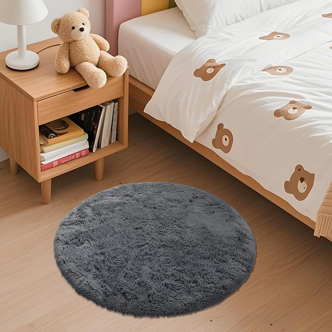 OLANLY Grey Round Rugs for Bedroom - Machine Washable, 2 ft Circle Area Rugs for Living Room, Soft and Fluffy Shaggy Carpet for Teen Girls and Boys, Nursery Rooms, Dorms, Home Decor Aesthetic