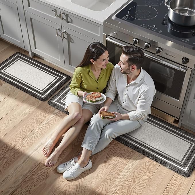 KIMODE Anti Fatigue Kitchen Mats,Non Slip Farmhouse Kitchen Rugs Sets 2 Piece,Waterproof Kitchen Mat for Floor,Cushioned Standing Mat for Office,Laundry,Sink,Desk,Black and Grey