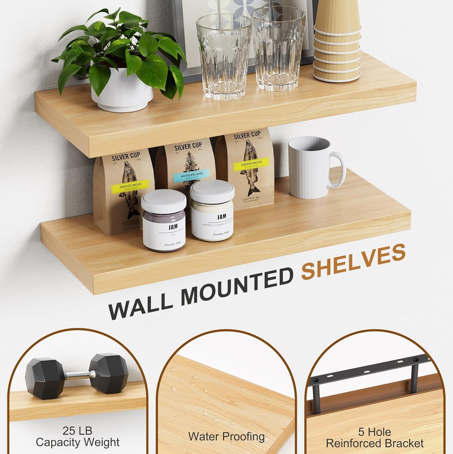 Bellsal Floating Shelves for Wall, Maple Wood Wall Shelf Set of 4, 16" Wall Mounted Floating Shelf for Kitchen, Living Room, Bedroom, Bathroom Storage, Book Shelfs for Home Decor Frame Display