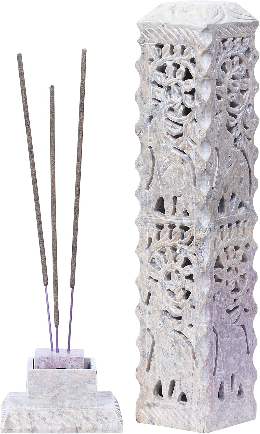 Crocon Handmade Incense Tower Burner Soapstone Leaf Design Tea Light Candle Holder | Incense Burner | Livingroom Decorative and Home Decor Best Gift Set - 3X3X11 Inch