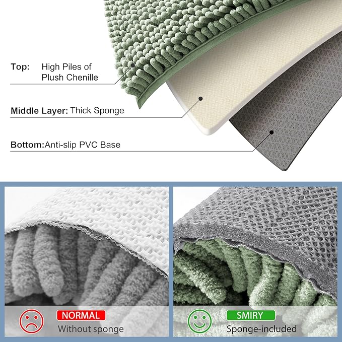 Smiry Luxury Chenille Bathroom Rugs 34x21, Extra Soft and Absorbent Shaggy Bath Mat, Machine Washable, Non-Slip Plush Carpet Runner for Tub, Shower, and Floor, Home Decor Accessories, Sage Green