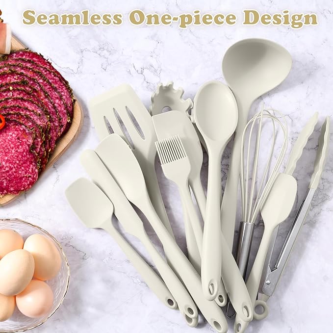 LIANYU 14 Pcs Kitchen Utensils Set with Holder, Silicone Cooking Utensils Spatula Set, Heat Resistant Cookware Tools Includes Spoon Turner Whisk Tong, Dishwasher safe, Cream White