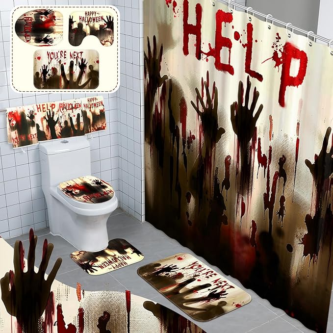 8 Pcs Halloween Help Me Shower Curtain Set for Bathroom Include Scary Ghost Shadow Bloody Hands Shower Curtain Towels Non Slip Rugs Toilet Lid Cover Bath Mat and 12 Hooks for Bathroom Decor