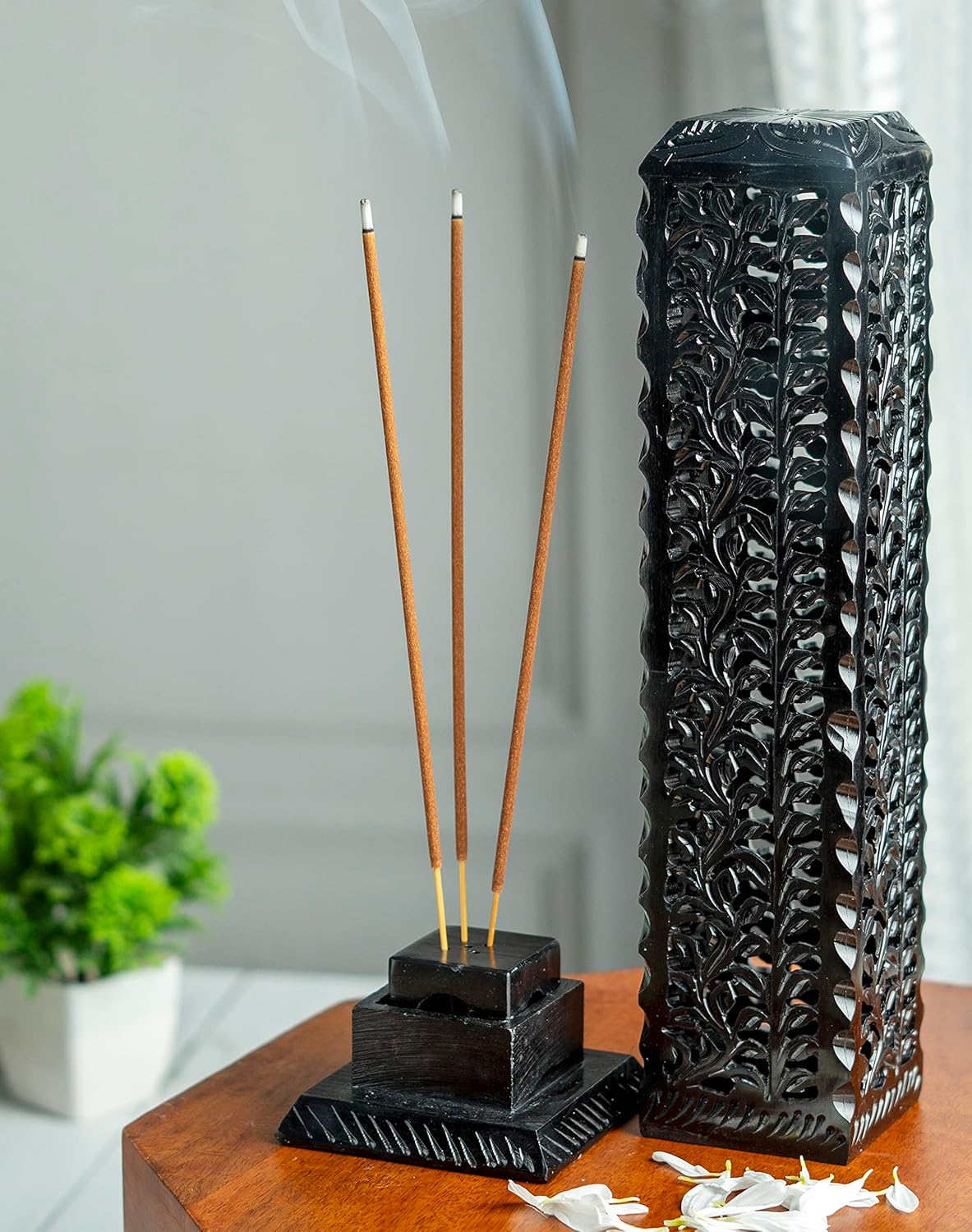 Crocon Handmade Black Marble Soapstone Incense Stick Burner Square Shape Leaf Design Tower Burner | Incense Cone & Candle Stick Holder | Decorative Home & Kitchen Best Gift Size LxWxH, 2.7x2.7x10 Inch