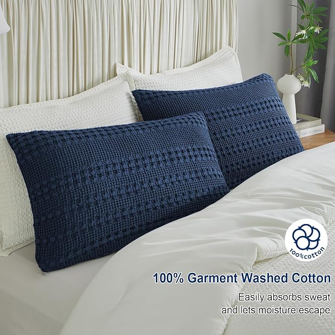 PHF 100% Cotton Waffle Pillow Shams Standard Size, 2 Pack 20" x 26" Soft Skin-Friendly Pillowcases, No Filling, Aesthetic Woven and Breathable Waffle Weave Pillow Case Covers for Bed, Bright Navy Blue