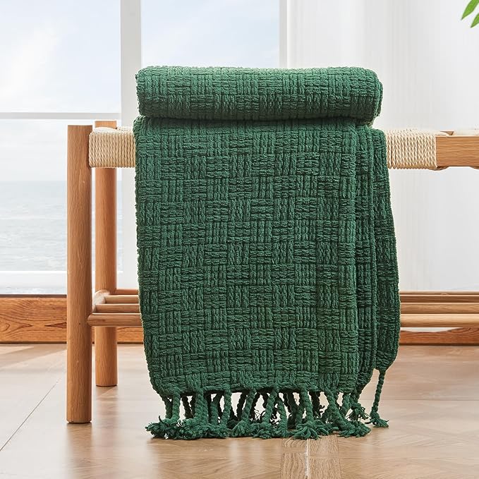 lifein Throw Blanket for Couch - Boho Throw Blanket, Knit Woven Blanket, Soft Decorative Blankets&Throws with Tassels for Bed,Sofa,Chair,Home Decor (Geen, 50 * 60, Waffle)