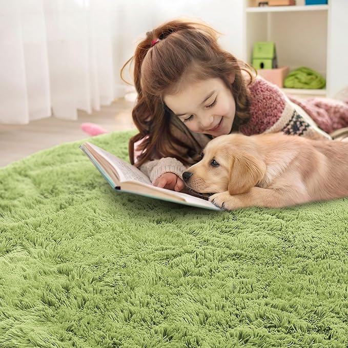 OLANLY Grass Green Round Rugs for Bedroom - Machine Washable, 8 ft Circle Area Rugs for Living Room, Soft and Fluffy Shaggy Carpet for Teen Girls and Boys, Nursery Rooms, Dorms, Home Decor Aesthetic