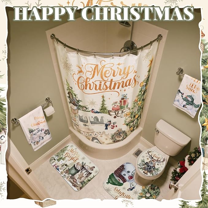 8 Pcs Christmas Shower Curtain Set Xmas Santa Bathroom Decoration Christmas Tree Hand Towels Snowman Toilet Lid Cover Bathroom Rugs Xmas Shower Curtain with Hooks (Vintage Style)