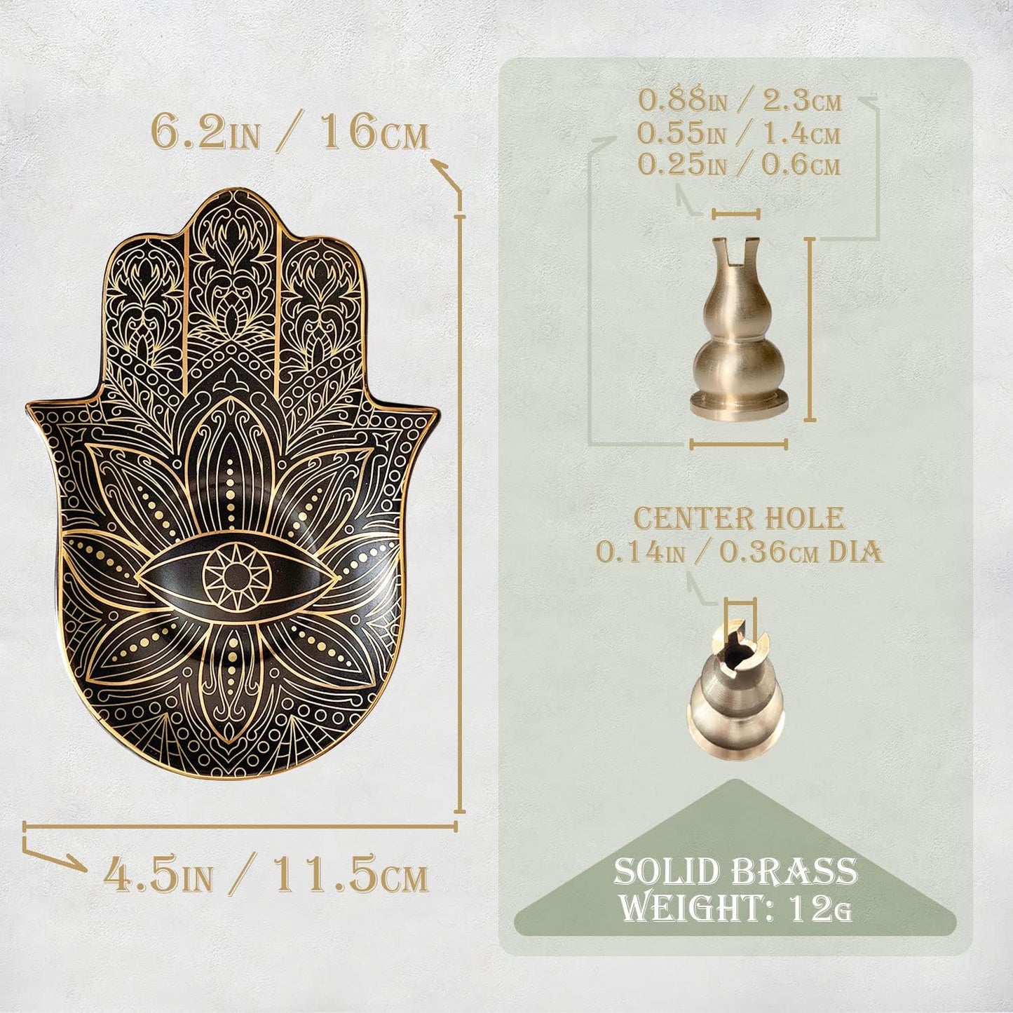 Ceramic Hamsa Hand Incense Holder - 2 in 1 Brass Incense Holder for Sticks and Coil Incense- Zen Decor with Hand of Fatima Design Protection from Evil - 6.2" L X 4.5" W (Black)