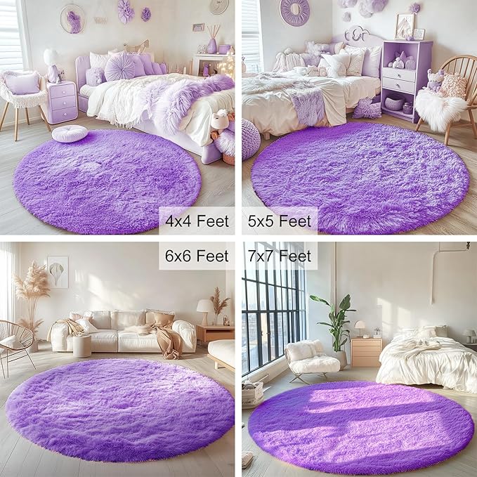 OLANLY Purple Round Rugs for Bedroom - Machine Washable, 6 ft Circle Area Rugs for Living Room, Soft and Fluffy Shaggy Carpet for Teen Girls and Boys, Nursery Rooms, Dorms, Home Decor Aesthetic