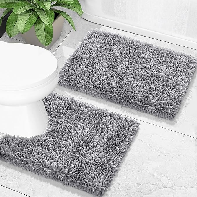 Yimobra Toilet Rugs U Shaped Washable, Extra Thick Soft Absorbent Chenille Contour Bathroom Rugs for Toilet 24x24 Inch, Quick Dry Non Slip Toilet Mat for Bath Floor, Silver