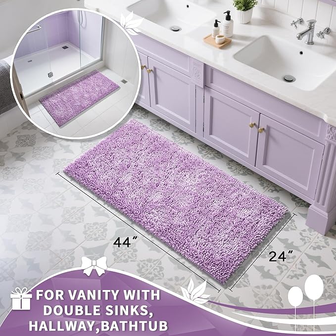 Yimobra Long Bathroom Rug Non Slip 44x24 Inch, Extra Thick Soft Absorbent Chenille Bath Mat, Machine Washable Quick Dry Bath Rugs for Bathroom Floor, Tub and Shower, Home Decor Accessories, Lilac