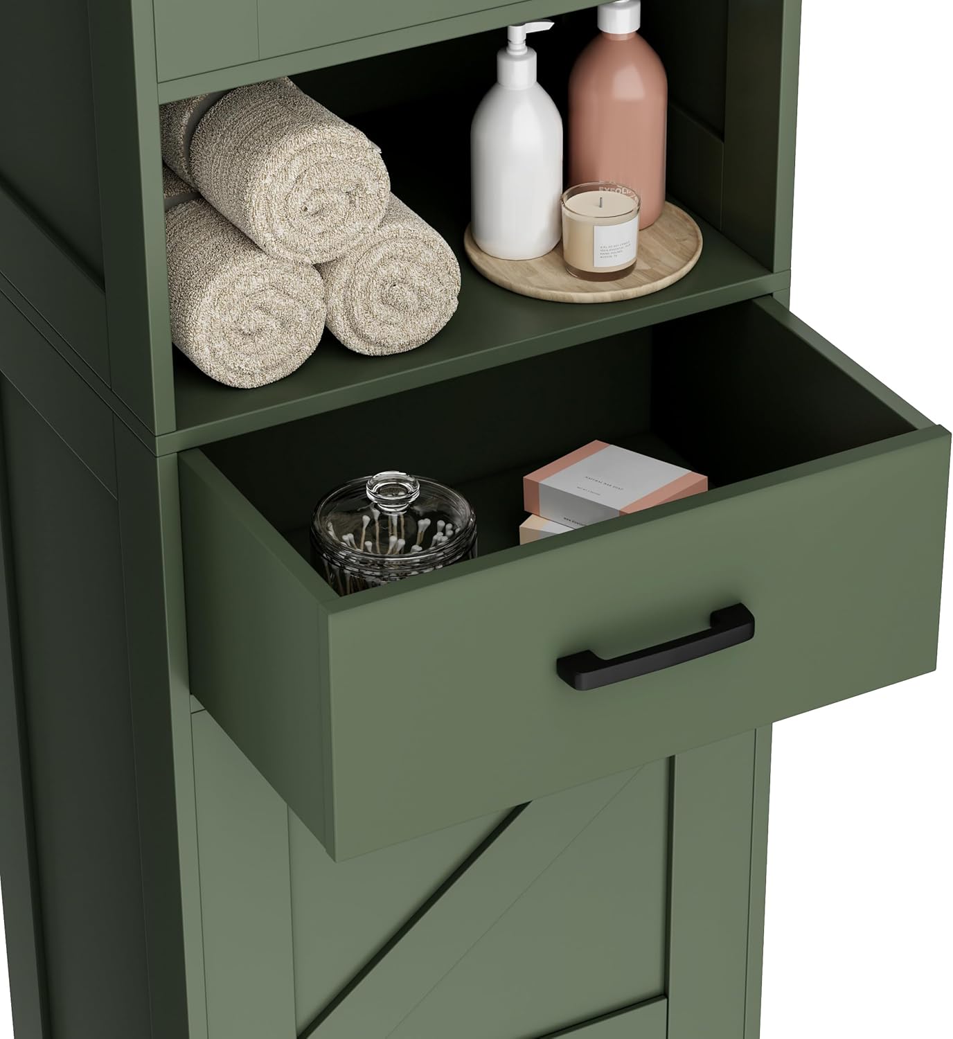 Homhedy 67" H Tall Bathroom Storage Cabinet with 2 Barn Doors and 1 Drawer, Narrow Storage Unit, Adjustable Shelves, Floor Cabinet for Bathroom, Living Room, Entryway, Kitchen, Green, (15.7" W)