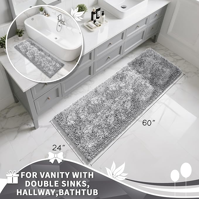 Yimobra Long Bathroom Rugs Runner 60x24 Inch, Extra Thick Soft Absorbent Chenille Bath Mat, Non Slip Machine Washable, Quick Dry Bath Rugs for Bathroom Floor, Tub and Shower, Light Grey